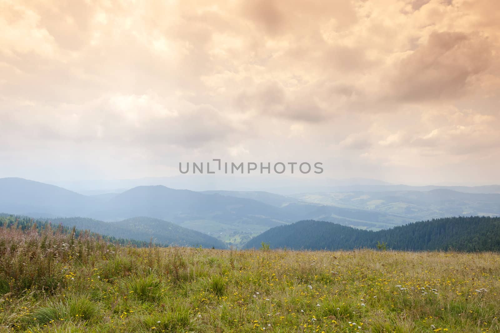 Carpathian mountains landscape photographed using gradual tobacco photo filter