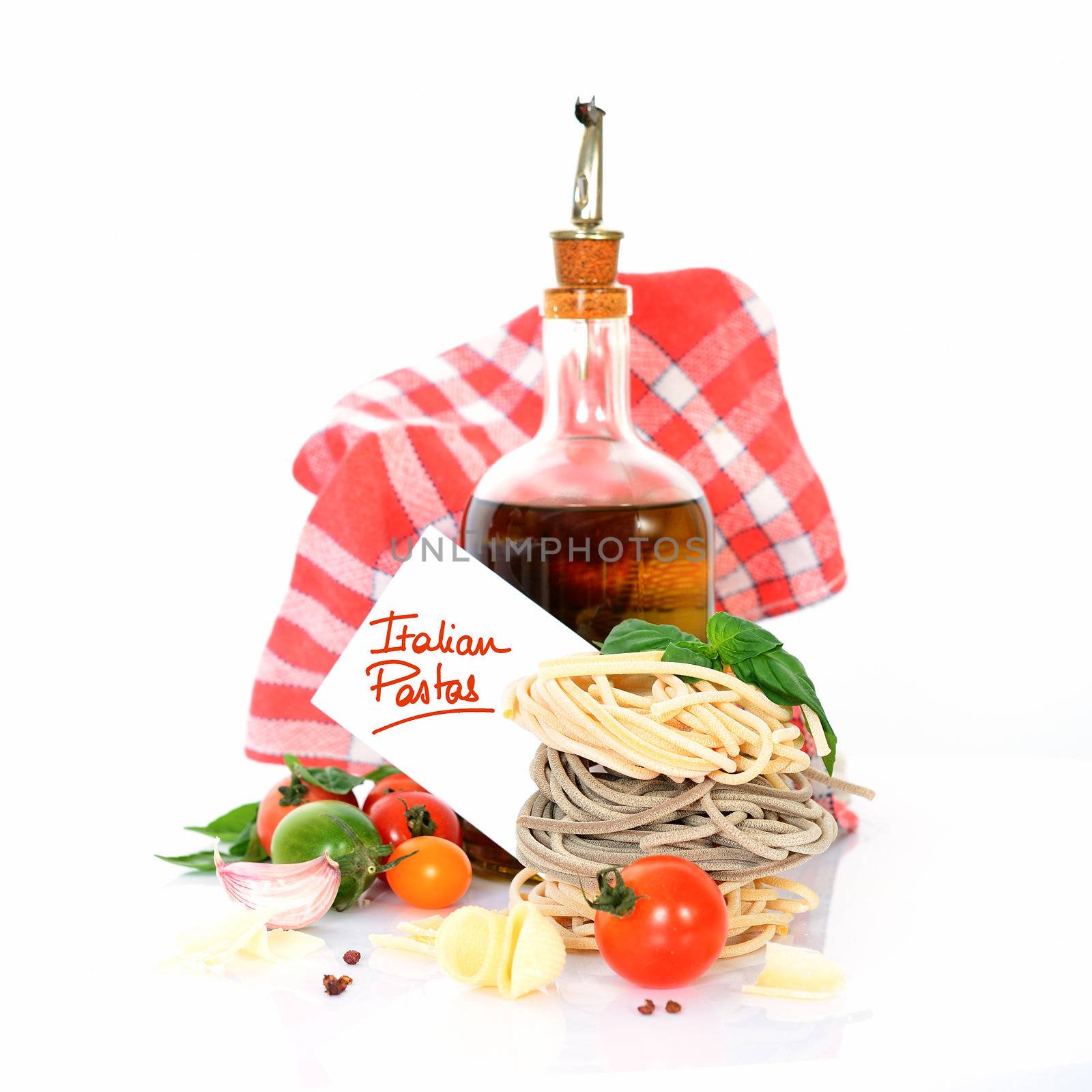 tasted italian pasta with food ingrediens for cooking and message card