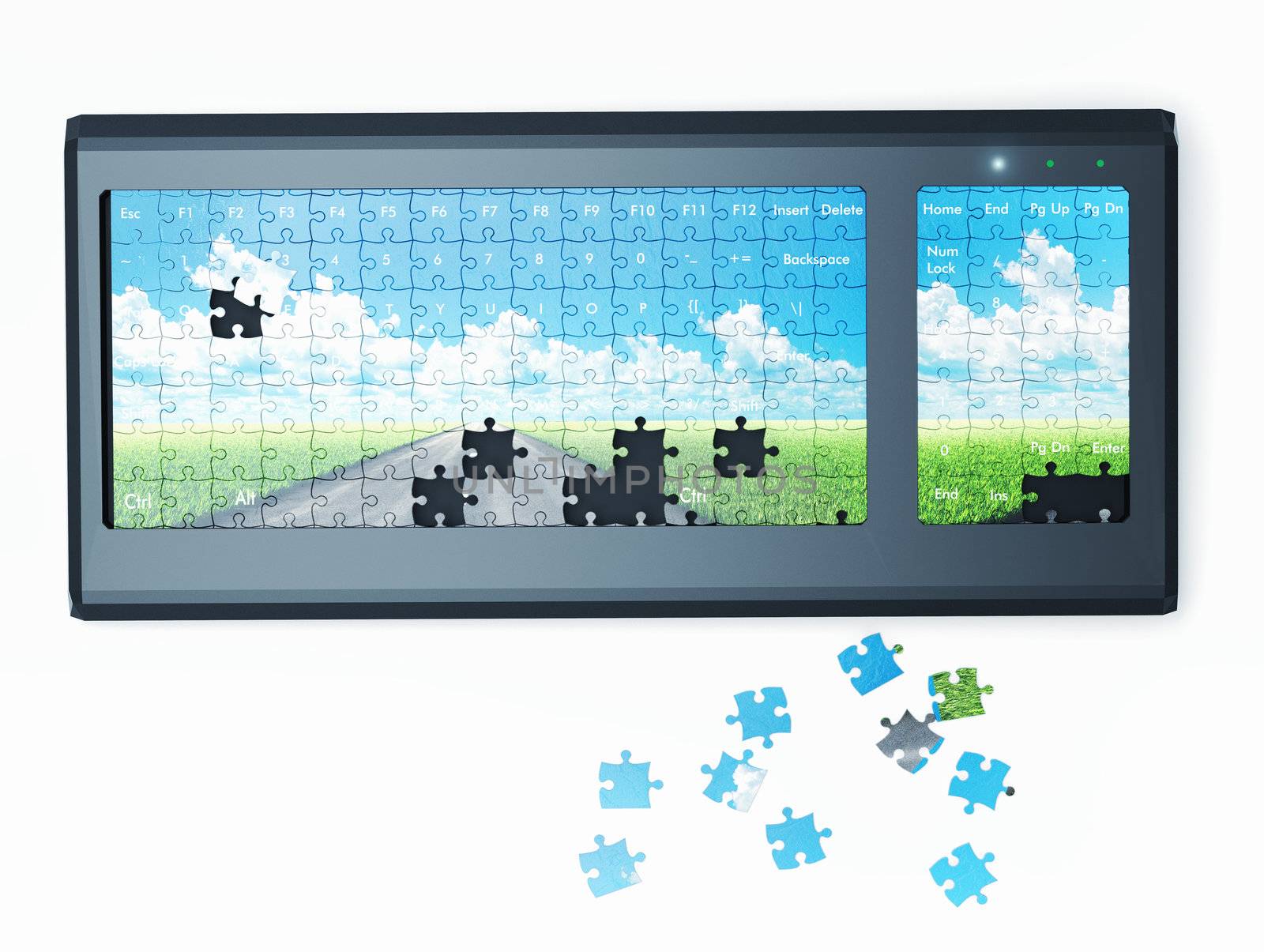 Puzzle with landscape in the form of the keyboard .3D