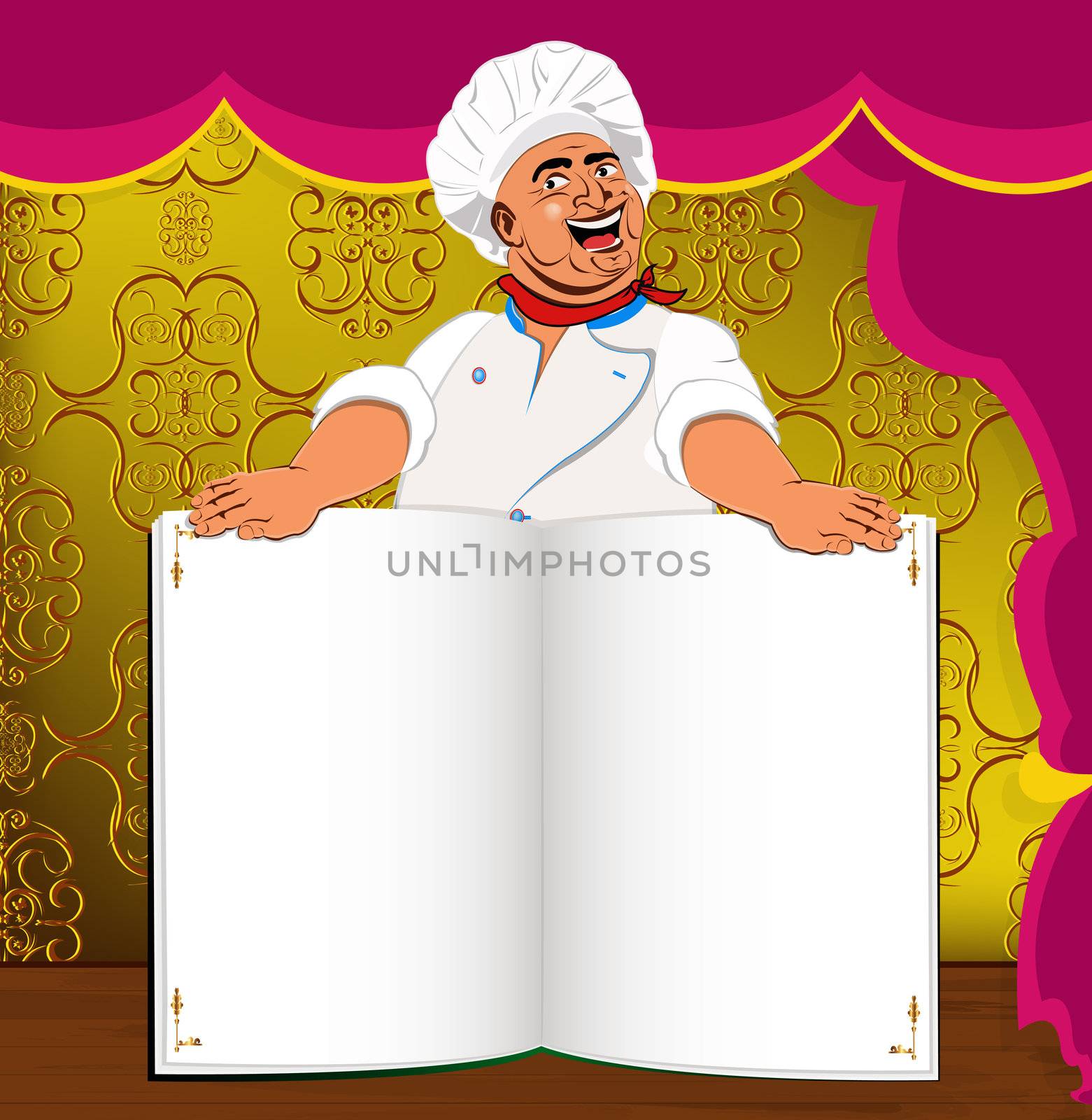 Funny Chef and book menu for Gourmet in interior restaurant by sergey150770SV