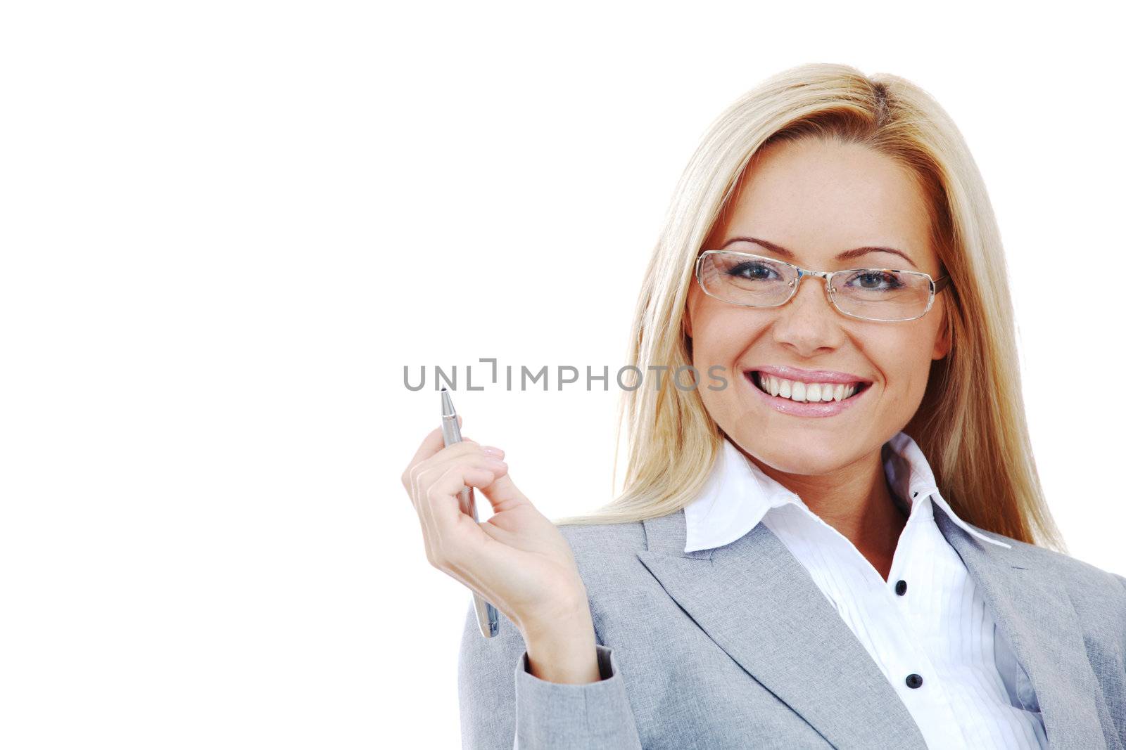 business woman in glasses on white background pen in hands