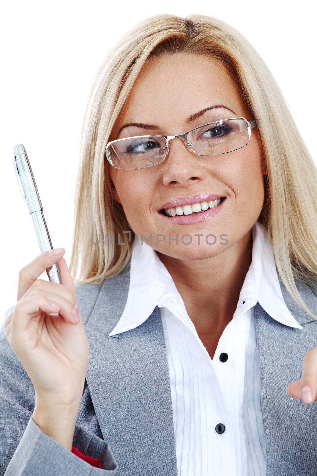 business woman in glasses on white background pen in hands