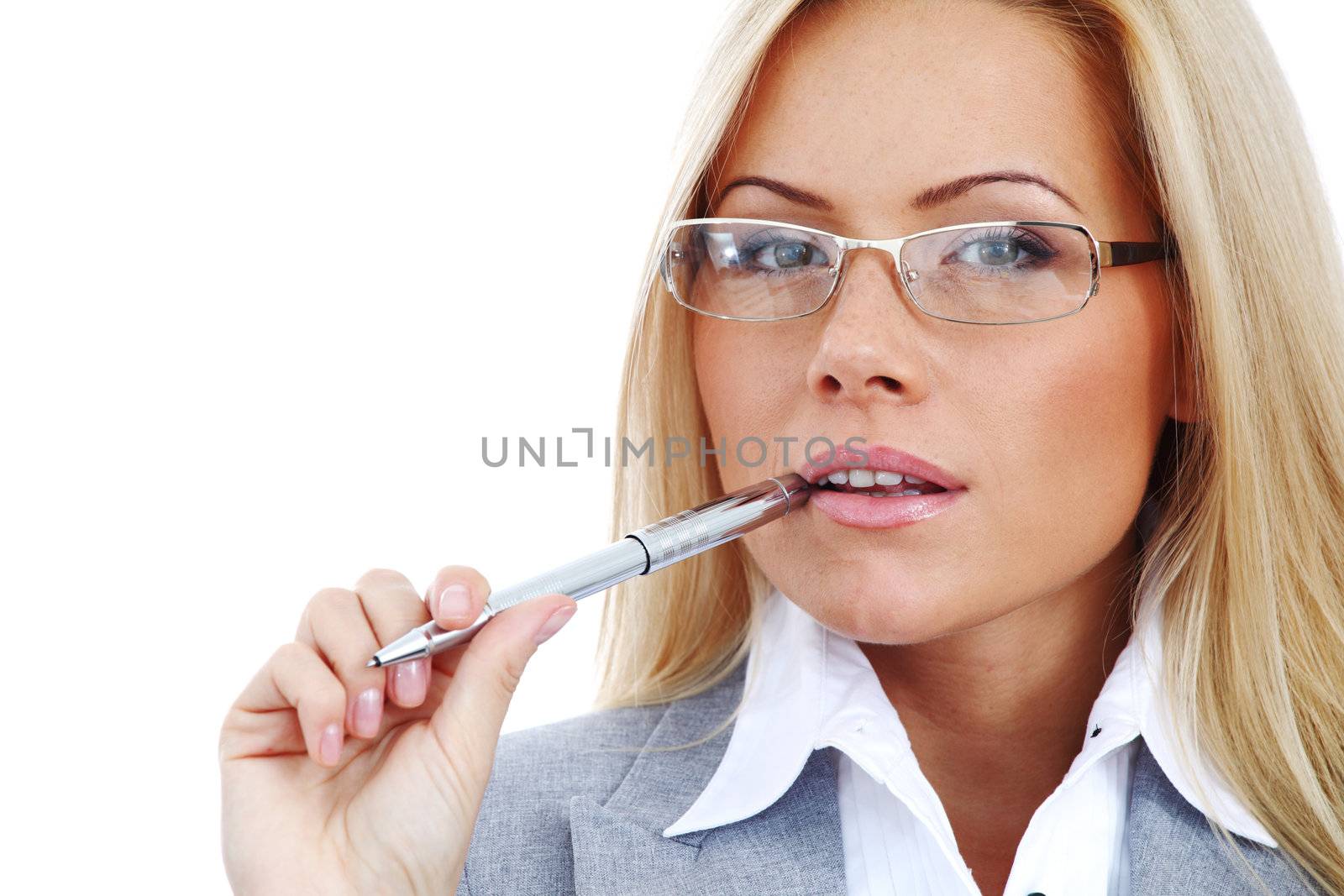 business woman in glasses on white background pen in hands