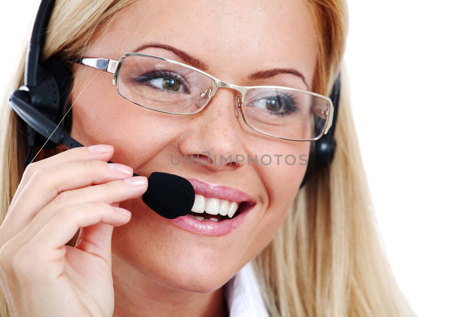 woman call with headset close portrait