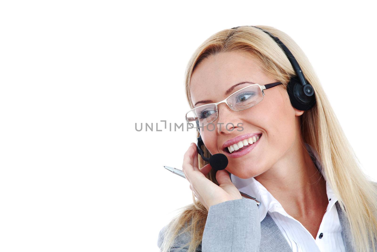 woman call with headset close portrait