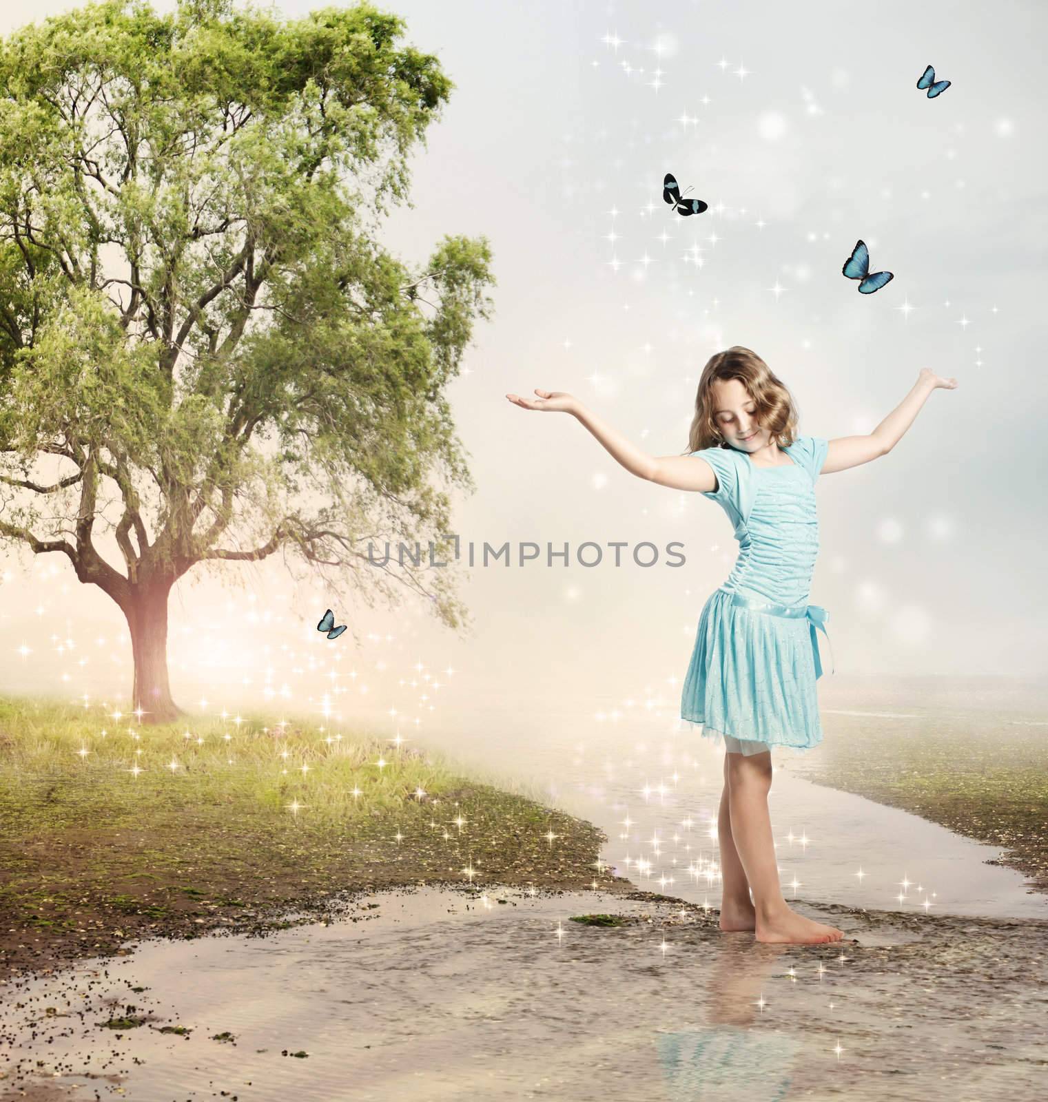 Girl with Blue Butterflies at a Magical Brook by melpomene