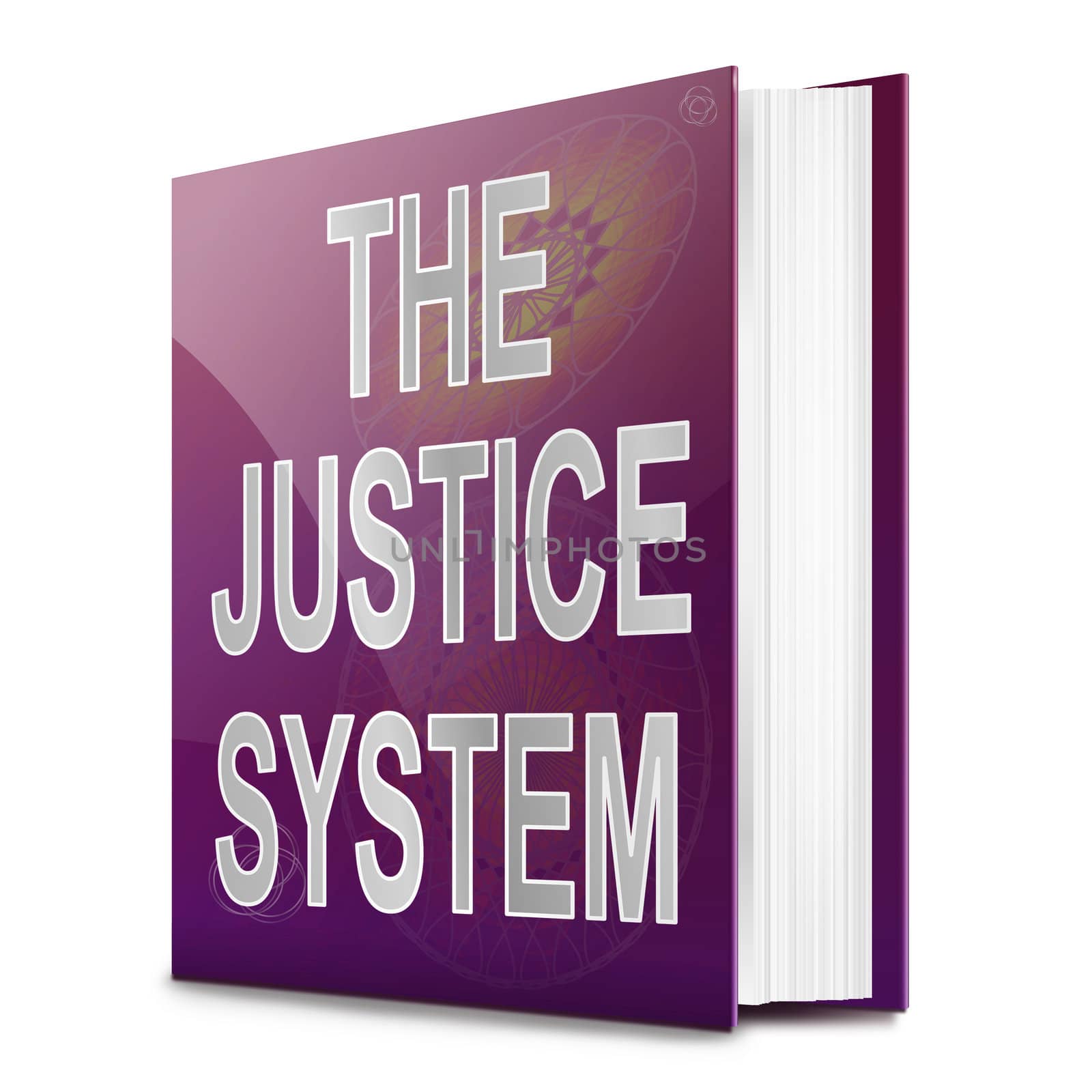 Illustration depicting a text book with a justice system concept title. White background.