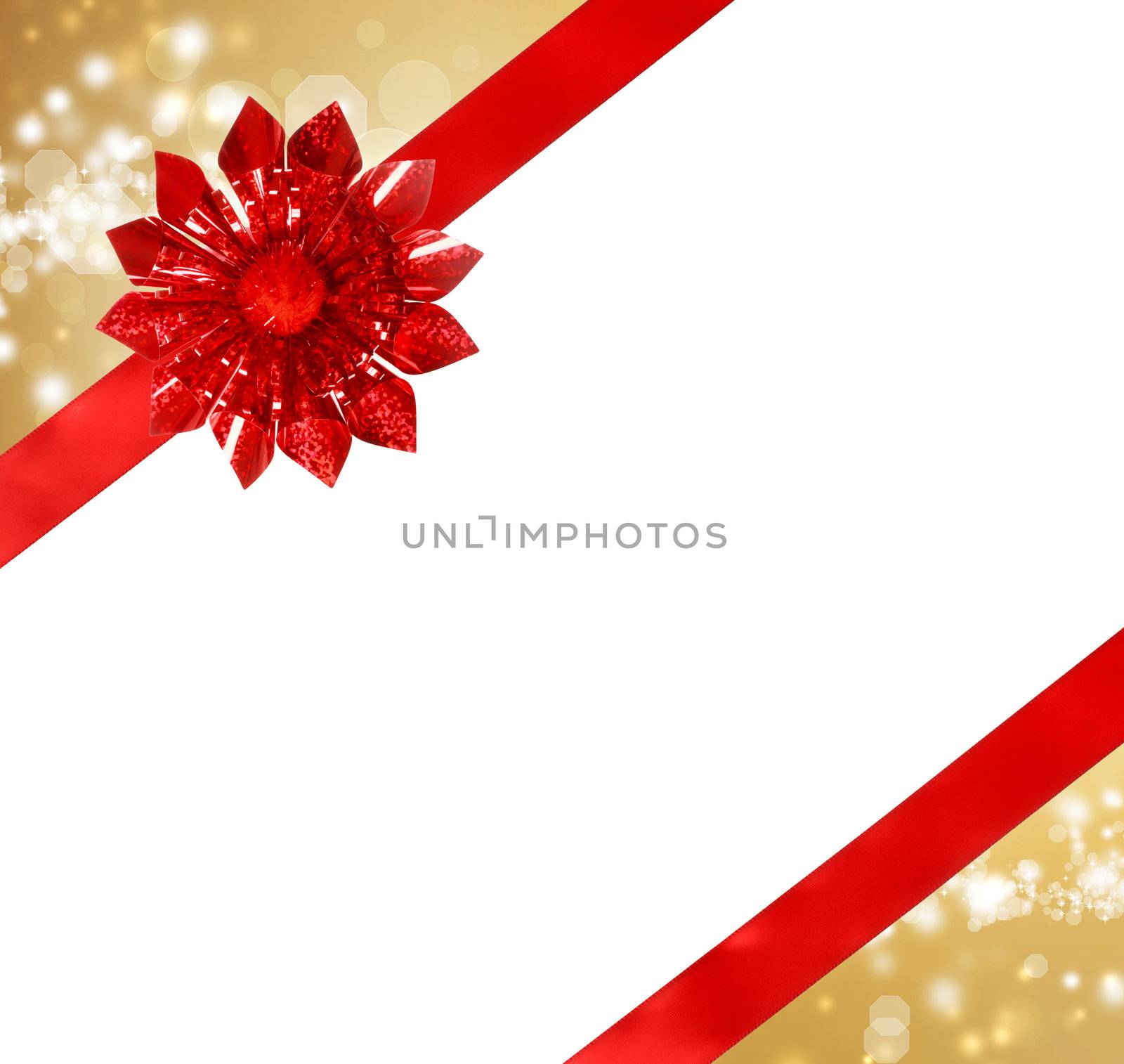 Red Bow and Ribbon with Golden Abstract Lights and White Background 