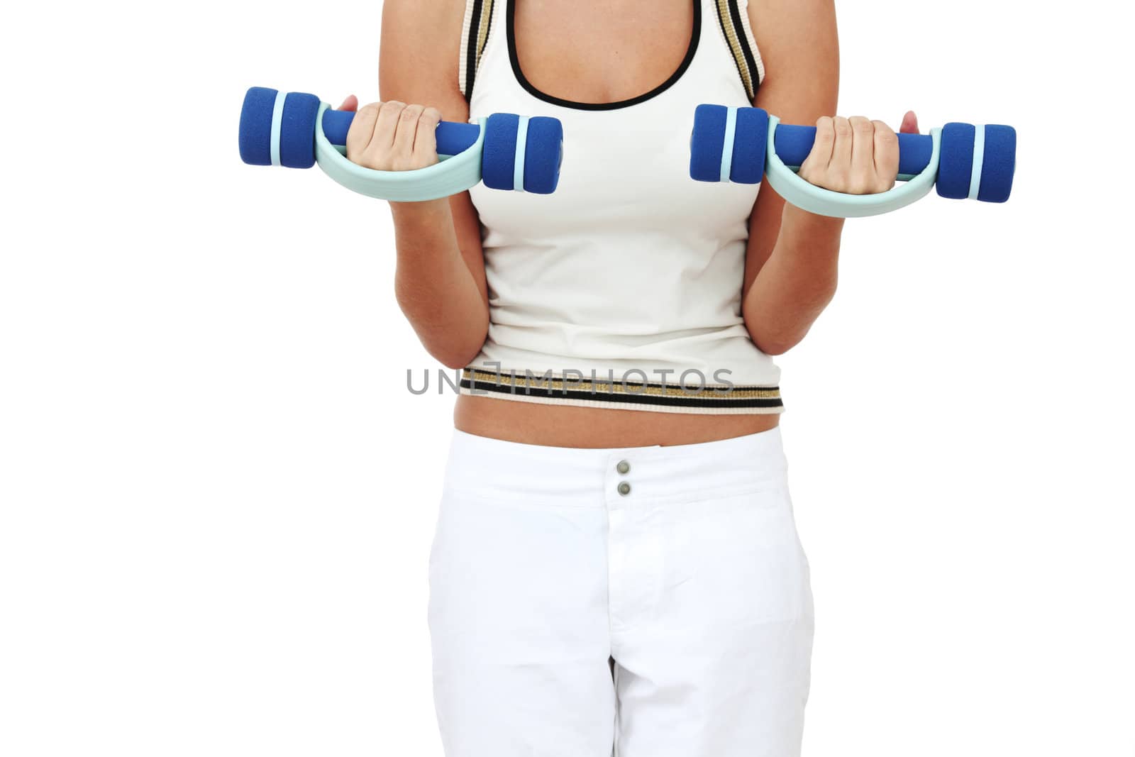 dumbbells in woman hands isolated on white