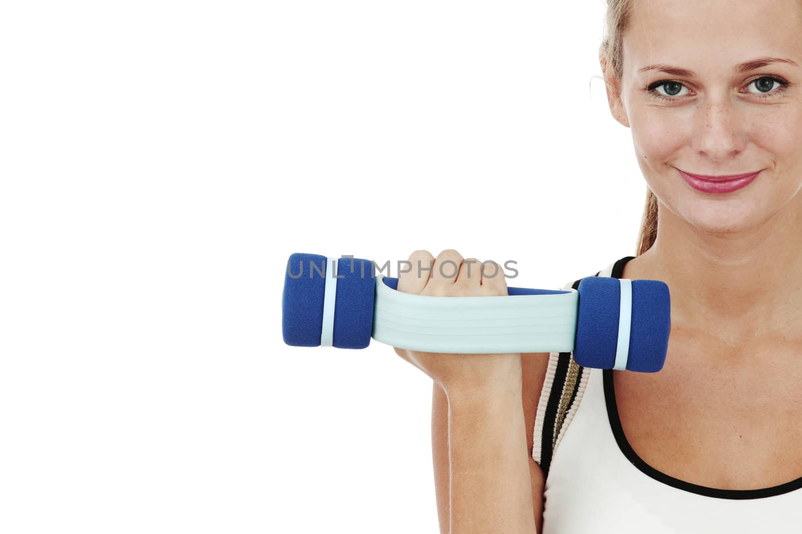 dumbbells in woman hands isolated on white