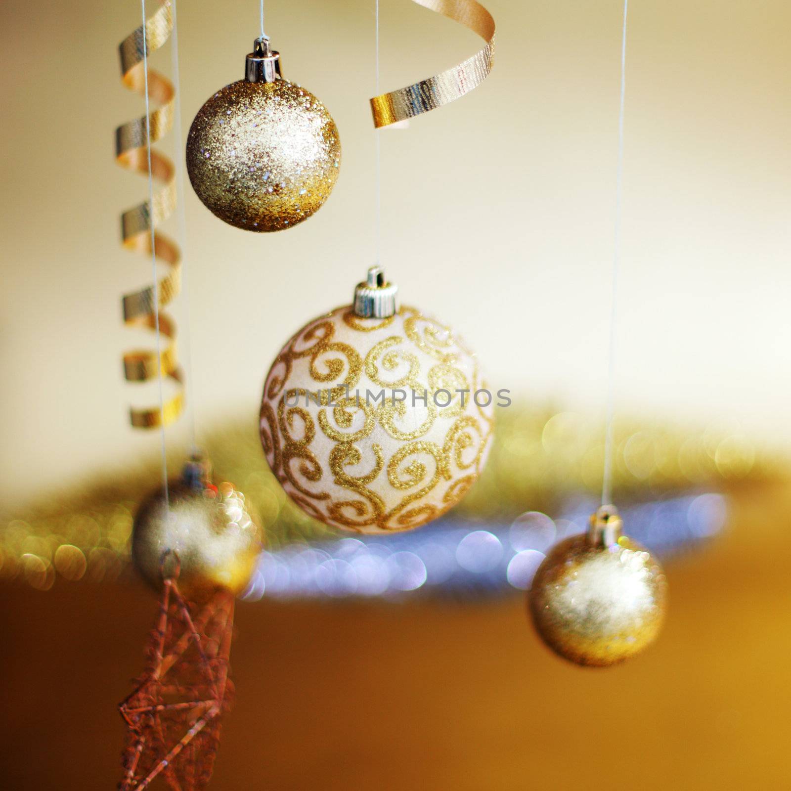 golden christmas balls on bokeh background