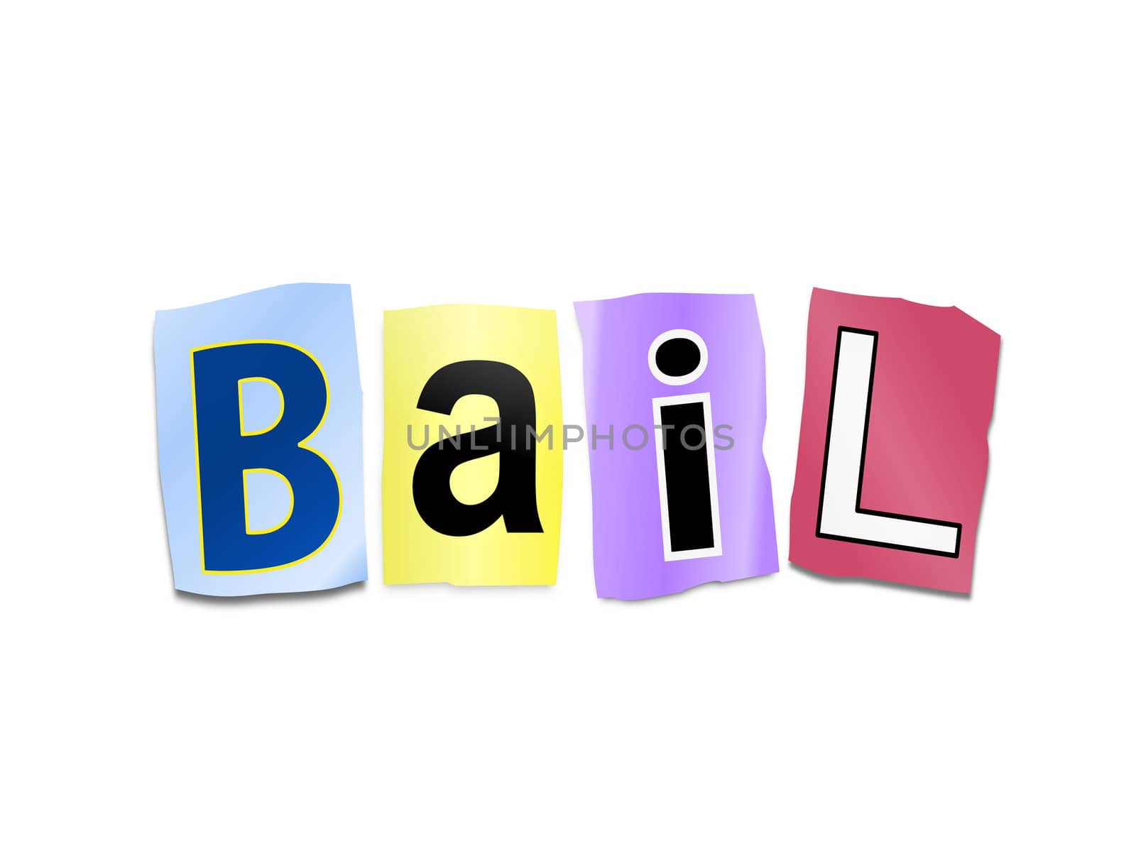 Illustration depicting cutout printed letters arranged to form the word bail.
