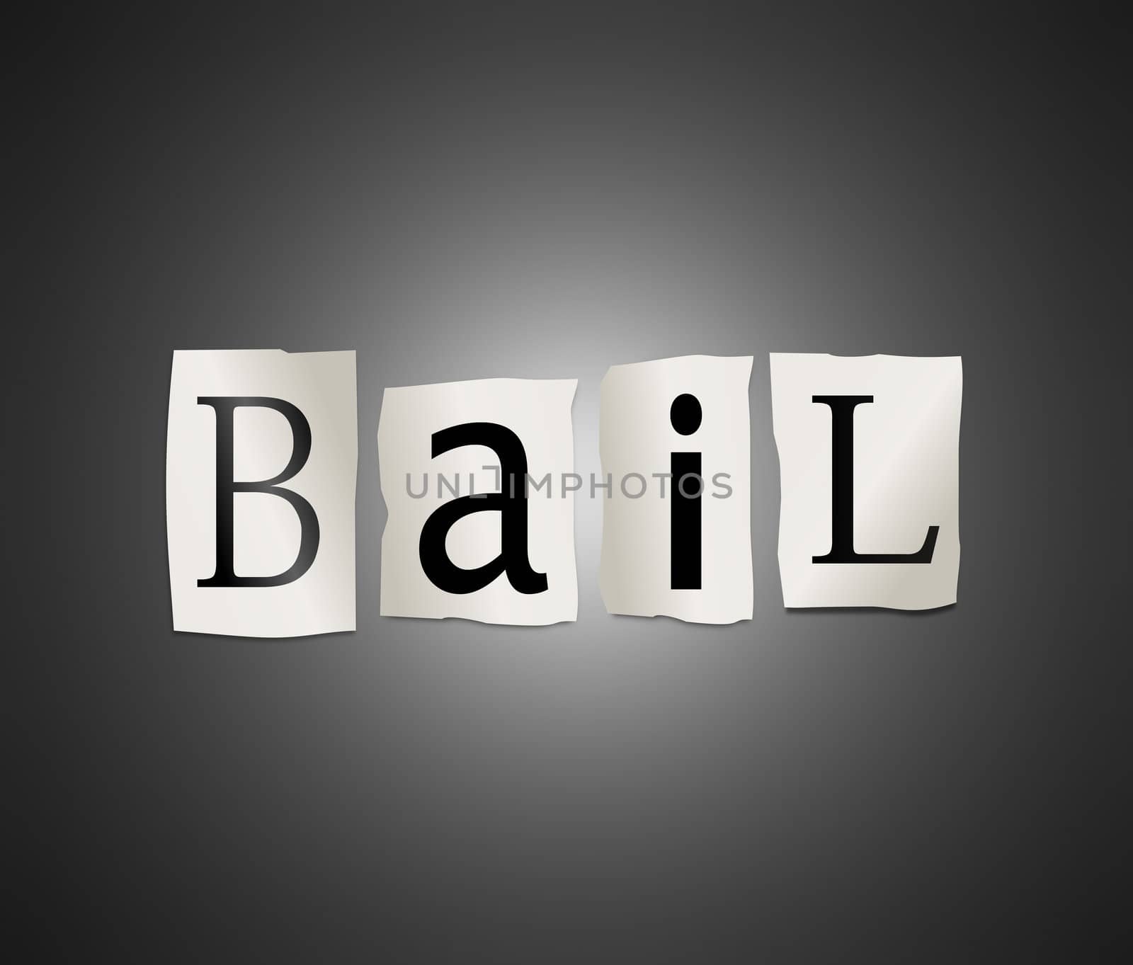 Illustration depicting cutout printed letters arranged to form the word bail.