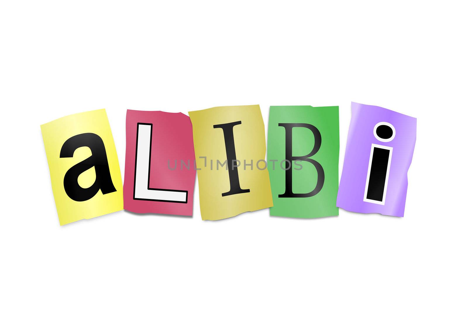 Illustration depicting cutout printed letters arranged to form the word alibi.