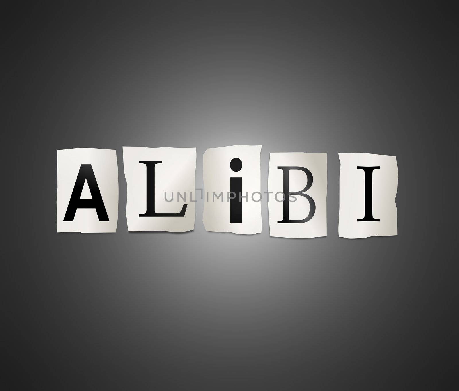 Illustration depicting cutout printed letters arranged to form the word alibi.