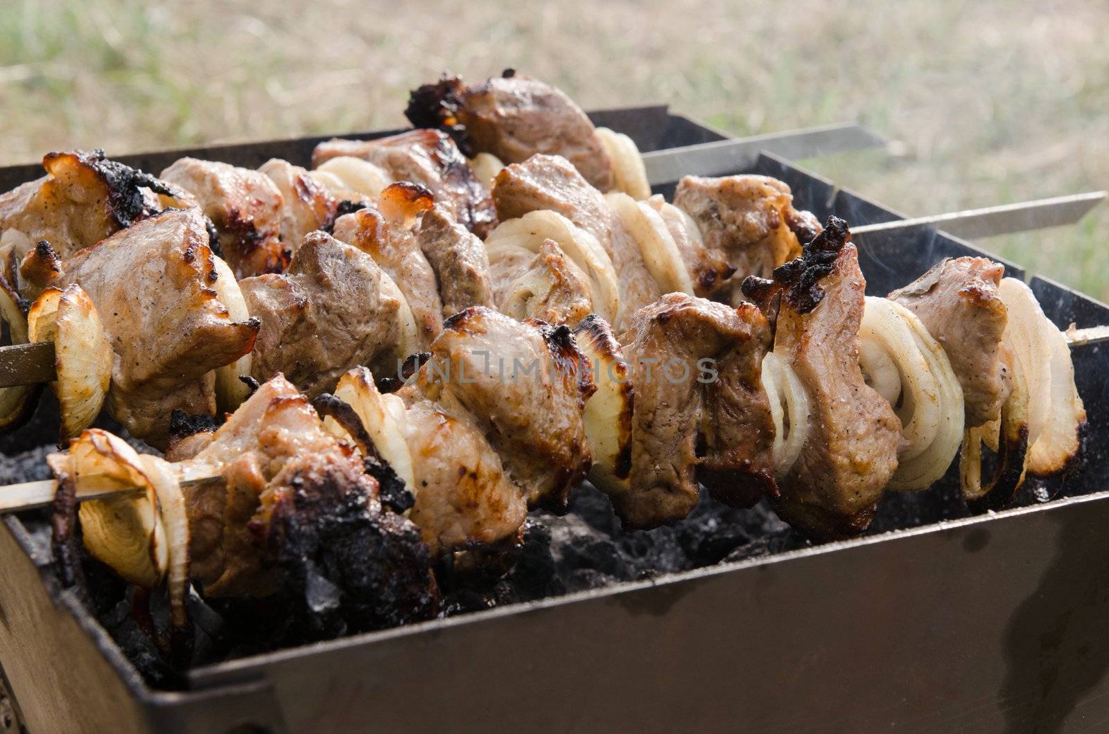 Delicious meat being prepared on grill at outdoors party