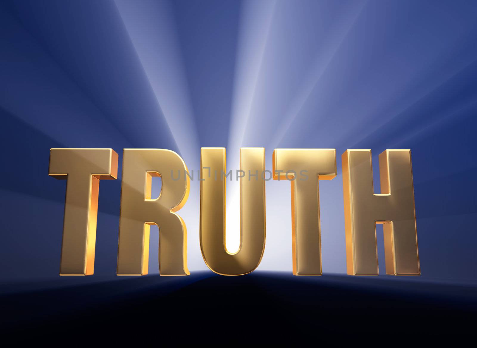 Gold "TRUTH" on dark blue background brilliantly backlit with light rays shining through.