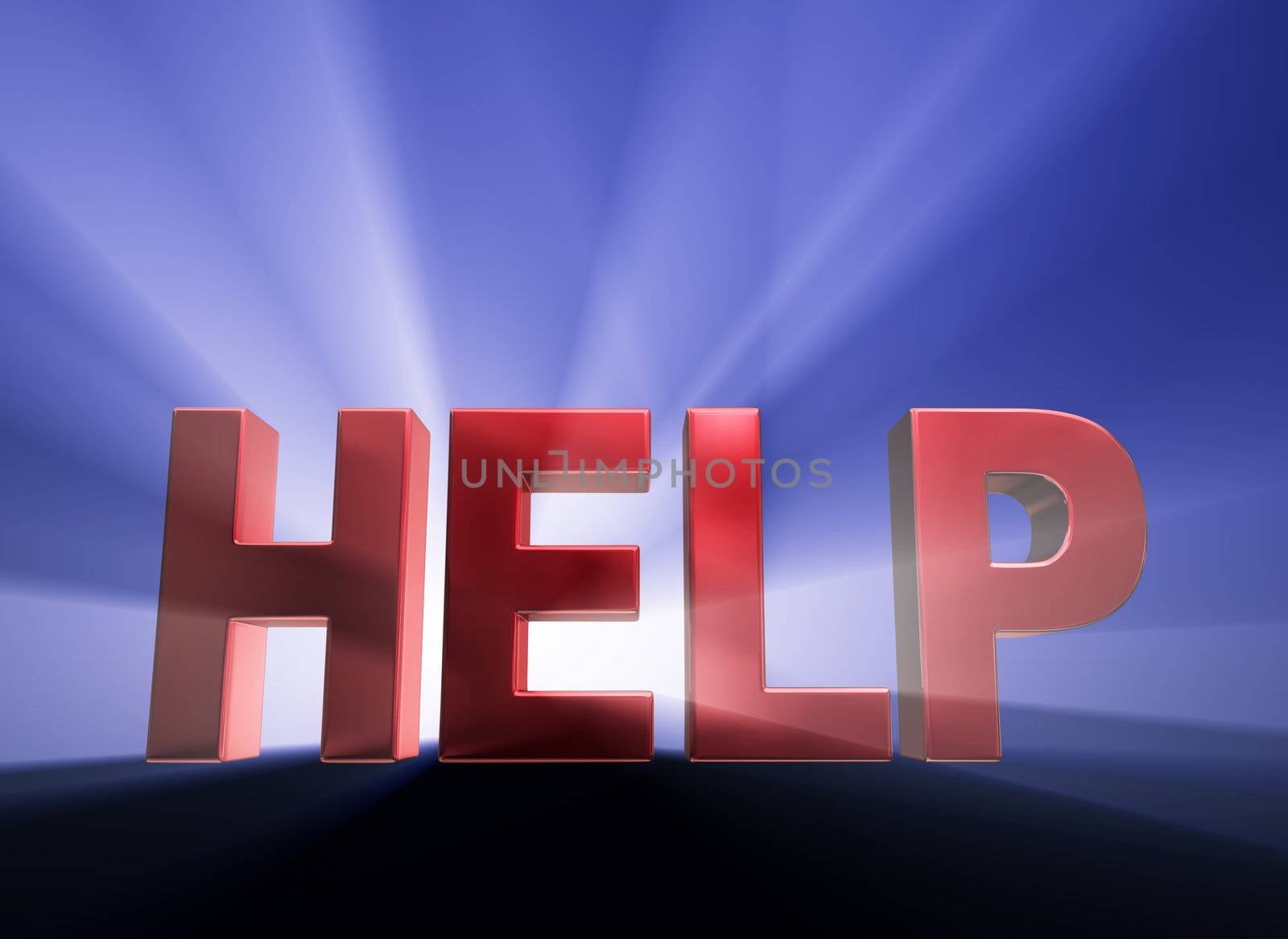 Shiny red "HELP" on dark blue background brilliantly backlit with light rays shining through.