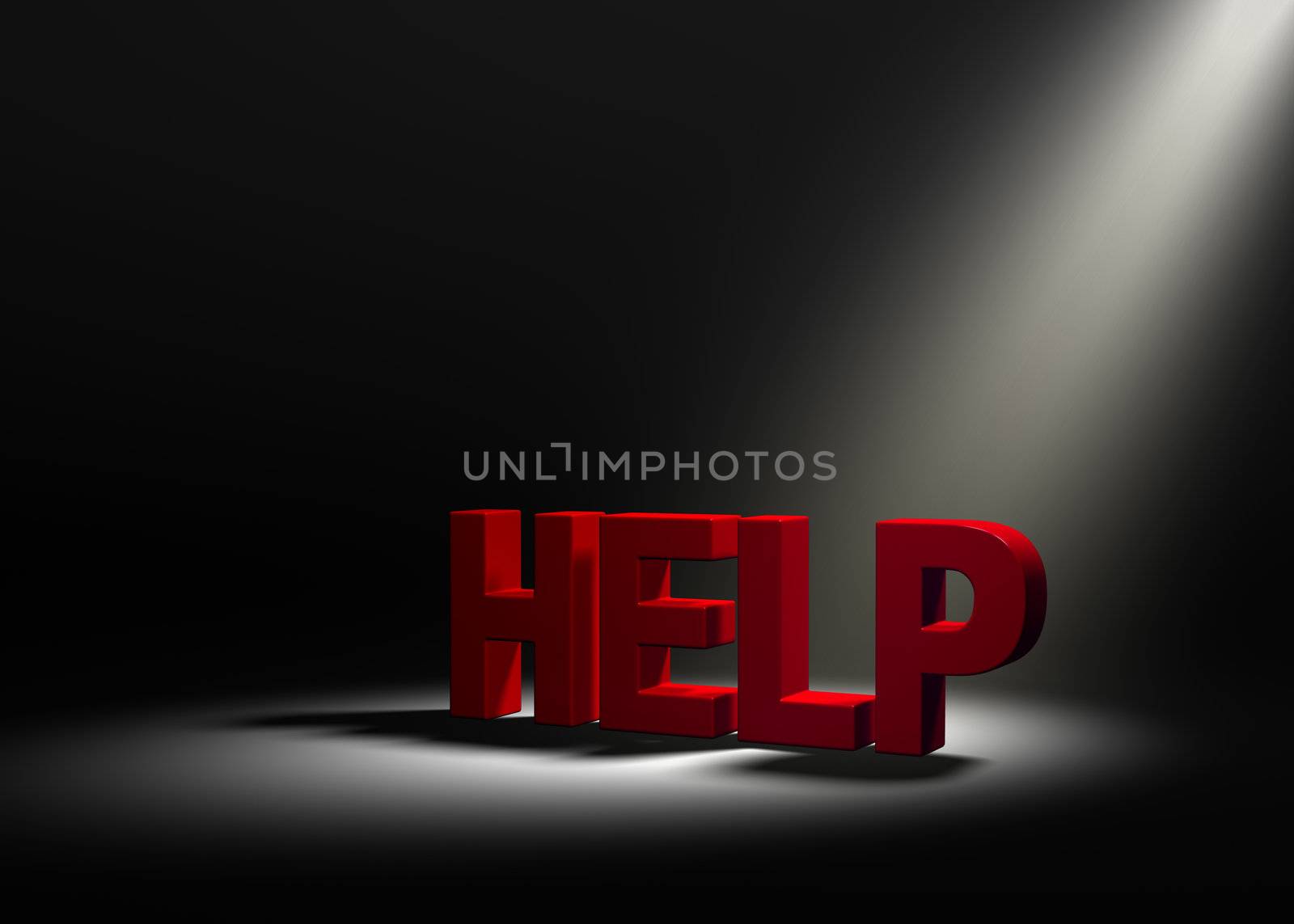 Angled spotlight revealing red "HELP" on a dark background.