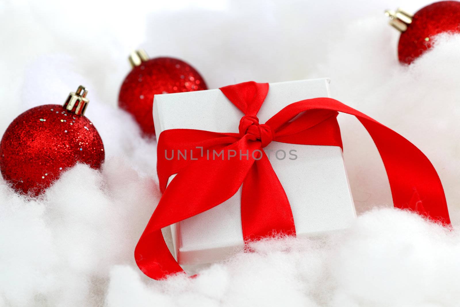  white christmas gift with red heart ribbon