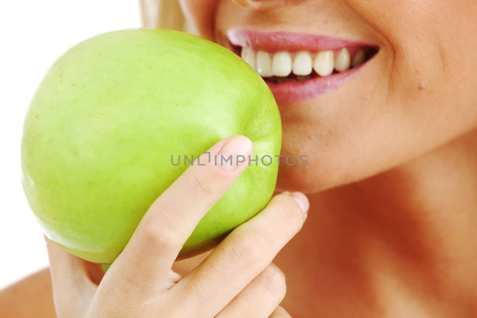 woman eat apple macro close up