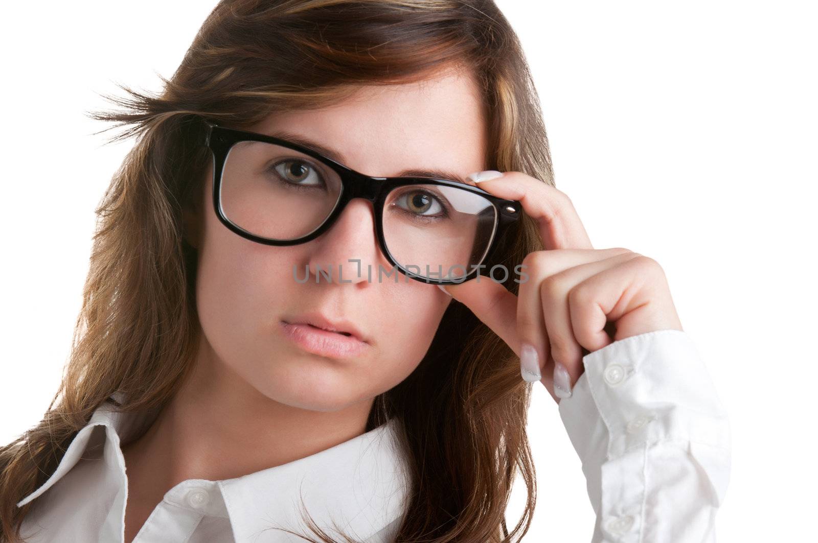 Woman wearing glasses, isolated in a white background