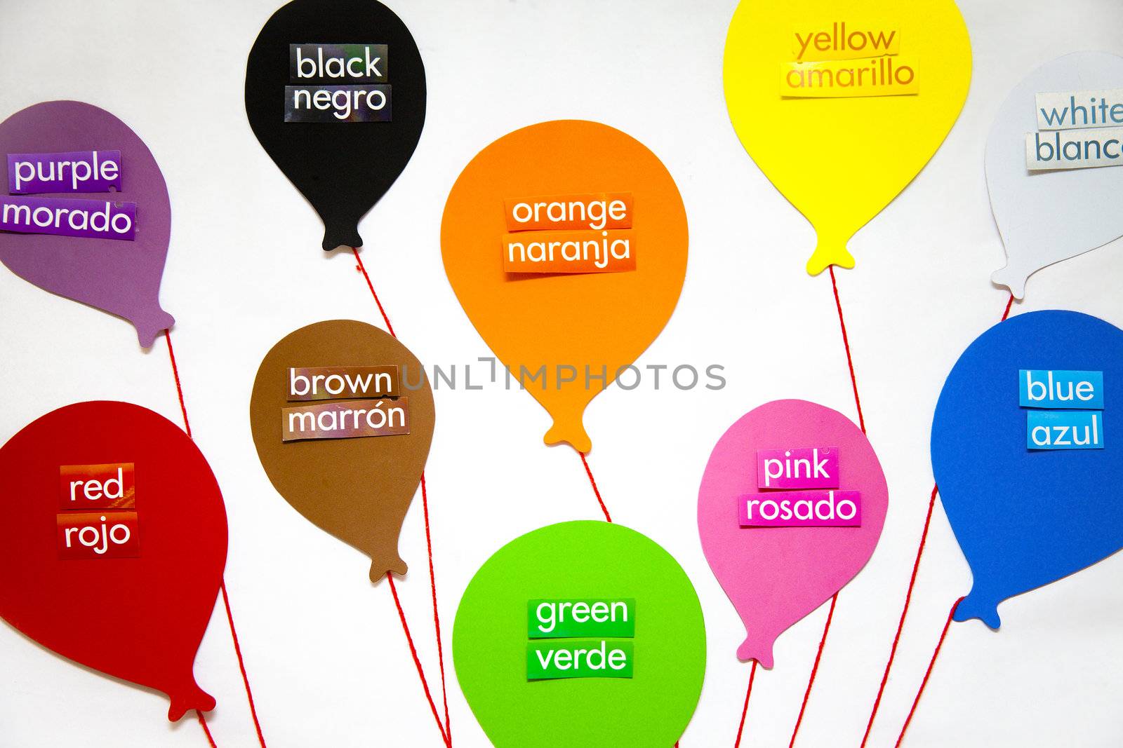 The English and Spanish words for each color labels a balloon for each color
