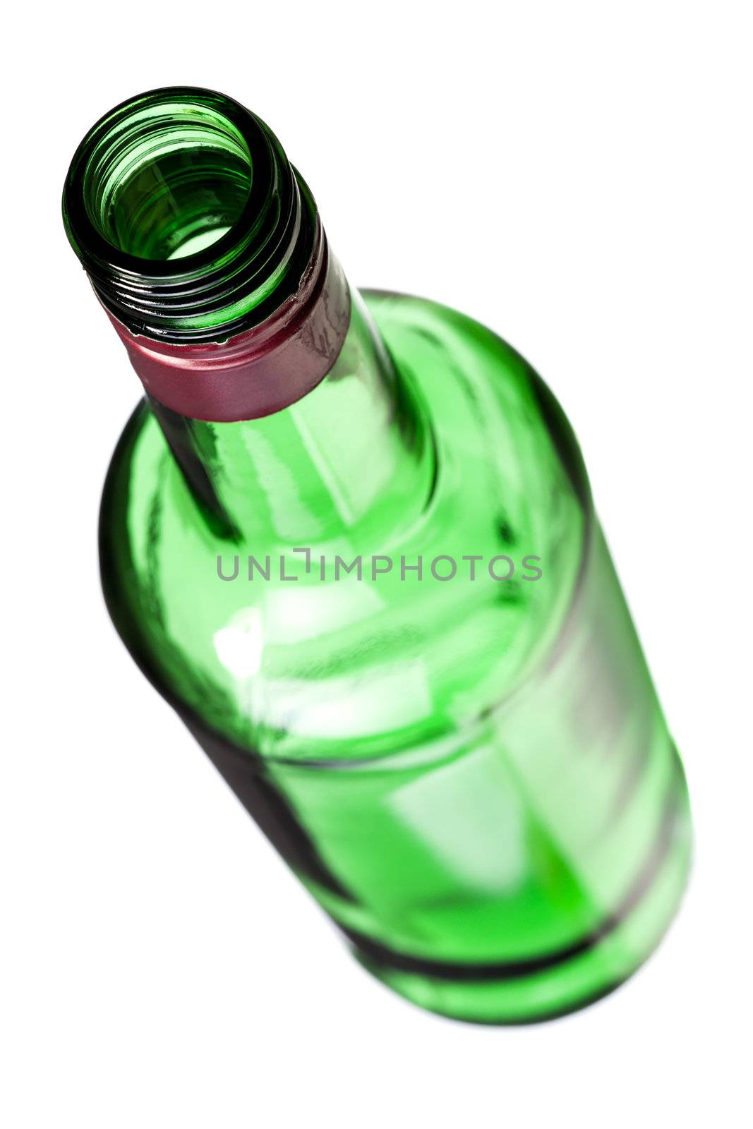 empty opened alcohol bottle, isolated on white