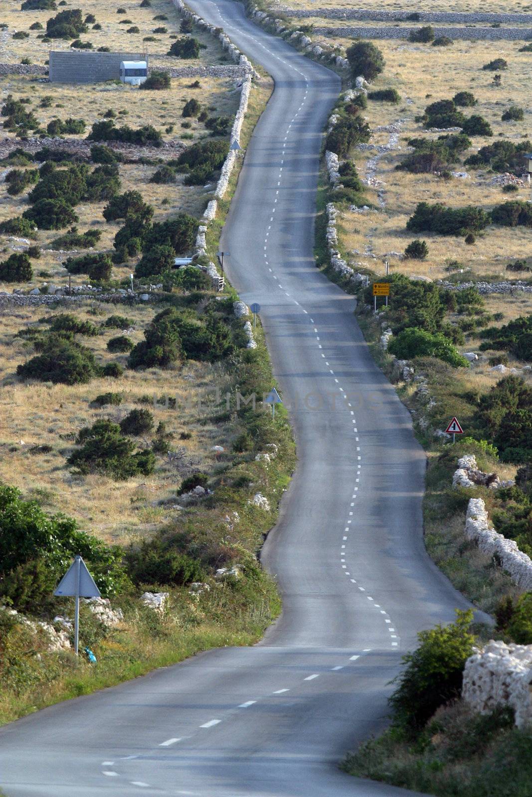 Asphalt winding road, Island of Pag, Croatia.