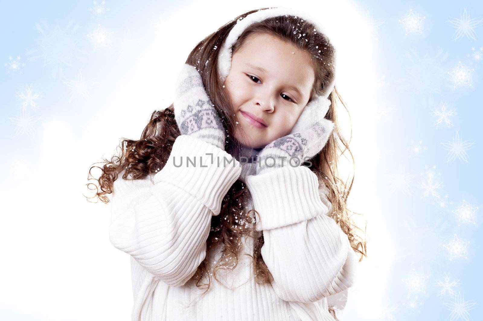 Winter Pleasant Girl snow flake blue  background