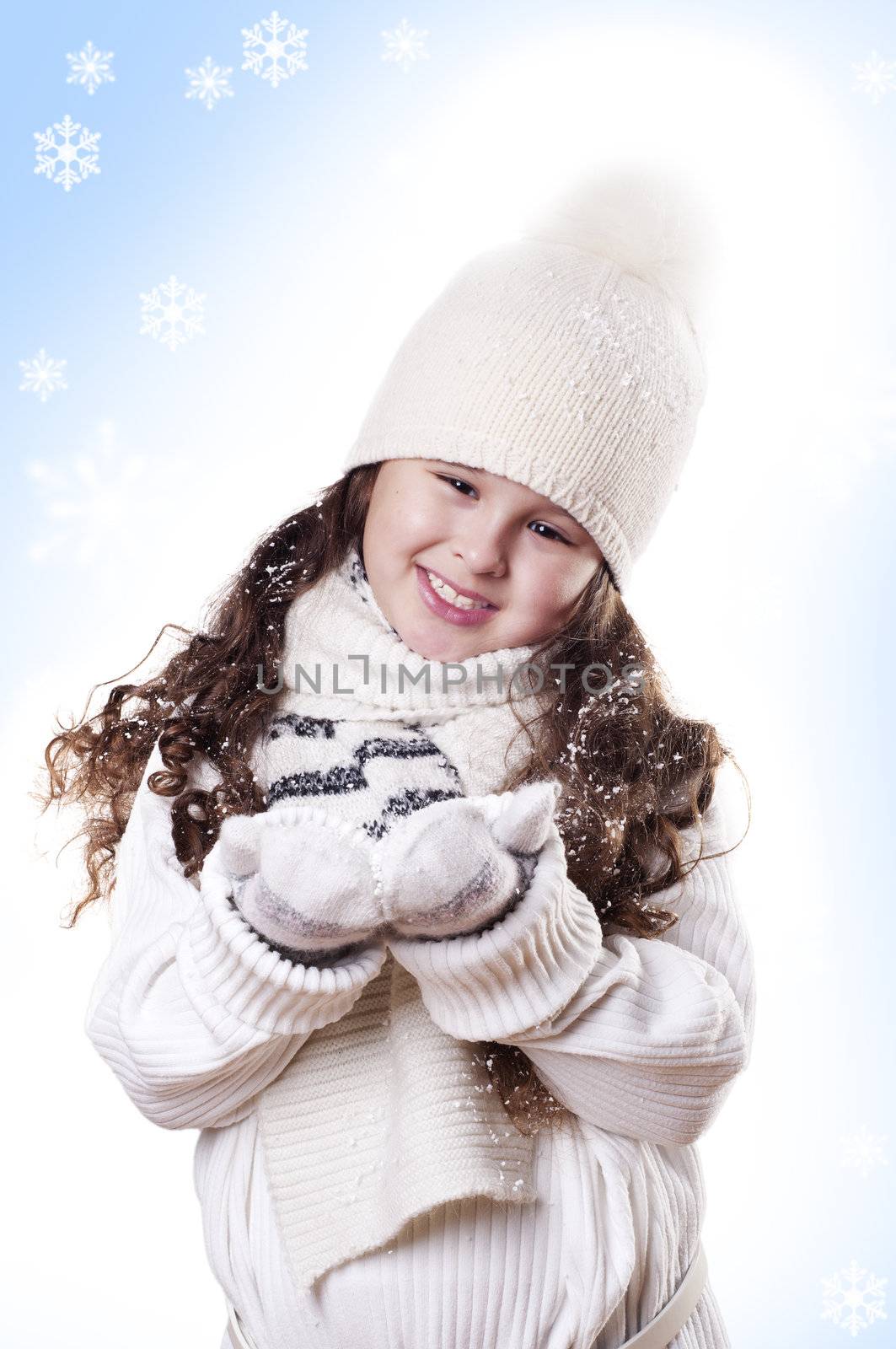 Winter Pleasant Girl snow flake blue  background