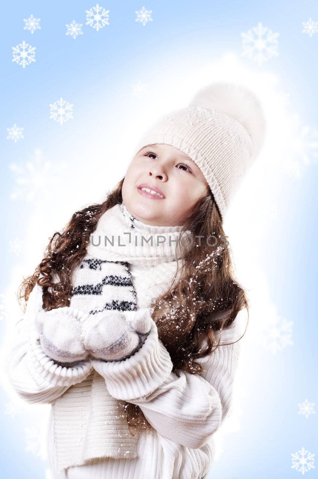 Winter Pleasant Girl snow flake blue  background