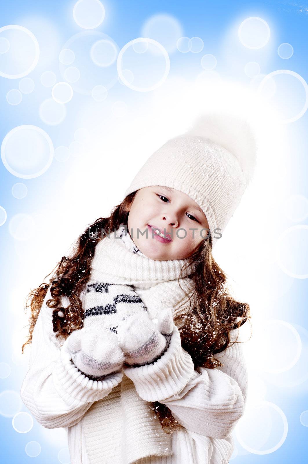 Winter Pleasant Girl abstract white and blue background