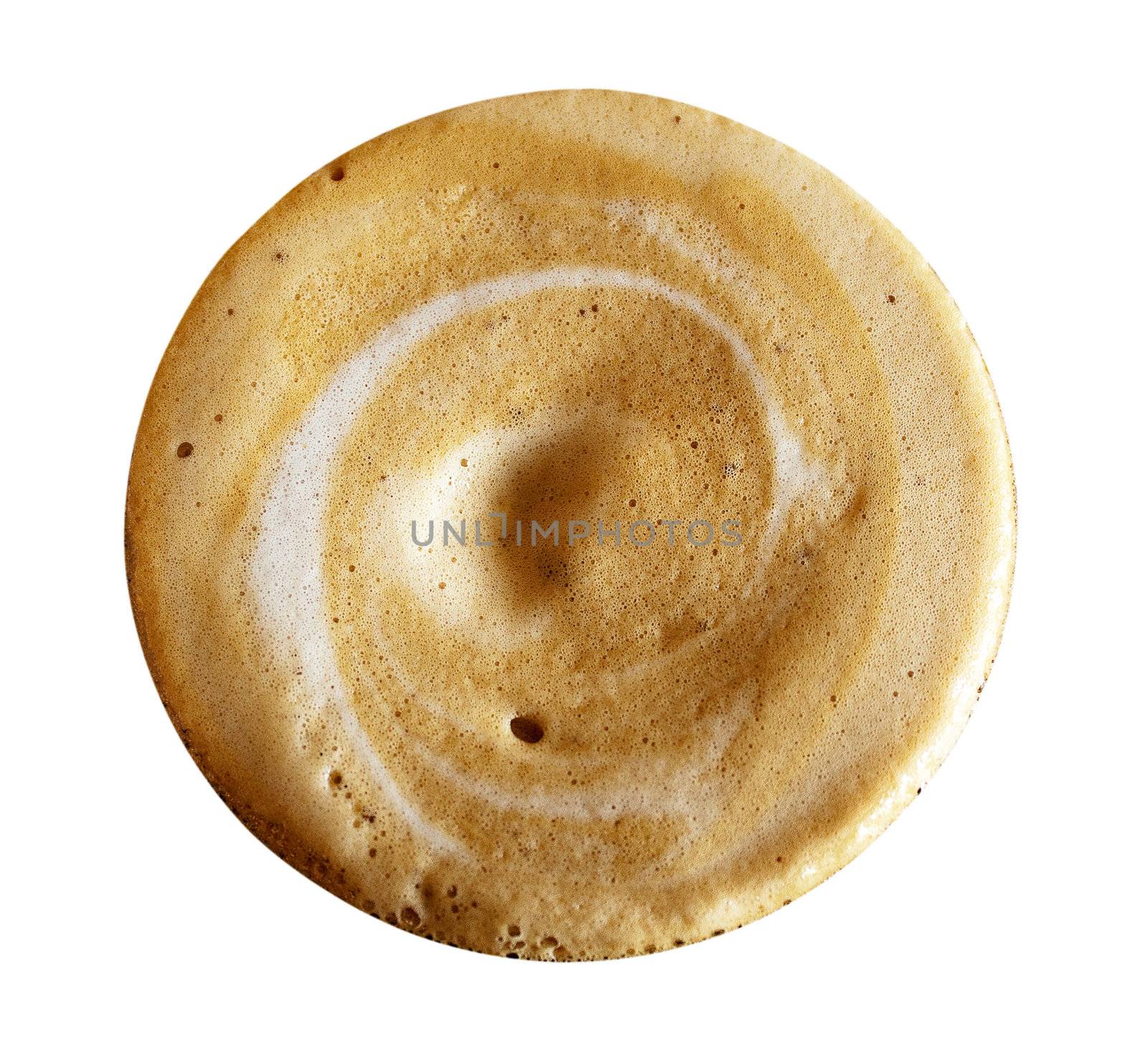 Close-up of cappuccino foam isolated over a white background, viewed from top.