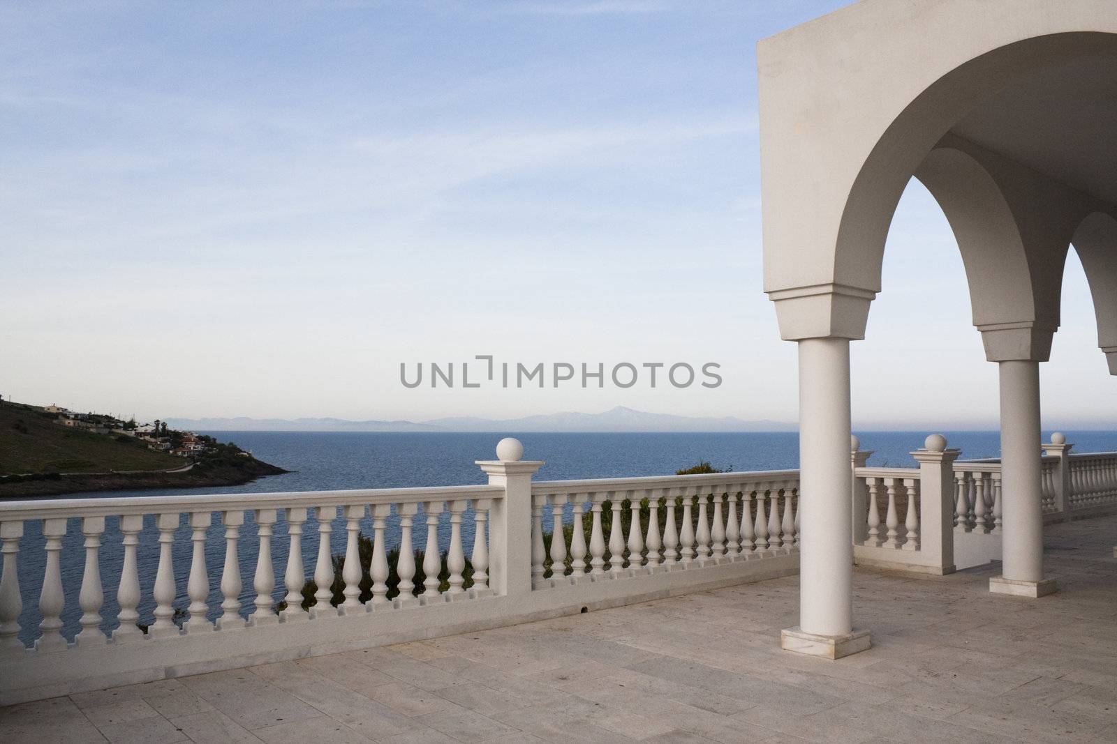 Balcony of an Orthodox church over the Aegean Sea near Athens, Greece.