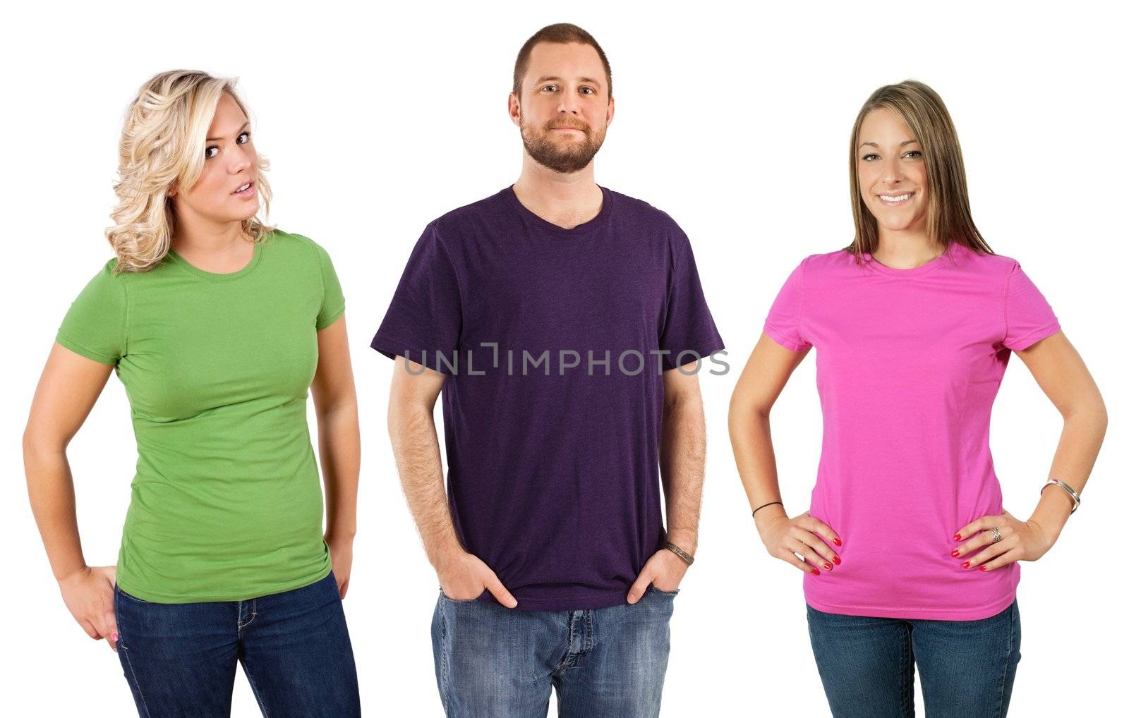 Photo of three young adults wearing different coloured blank t-shirts. Ready for your design or artwork.