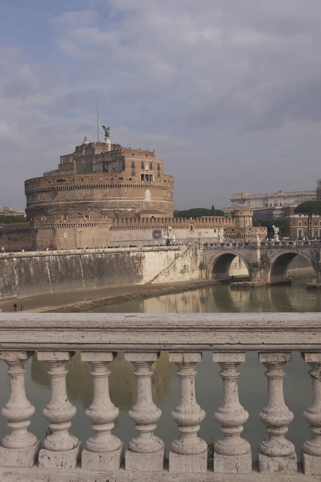 Bridge (Pont Sant' Angelo) over the River Tiber leading to the ancient Castel Sant' Angelo in Rome, Italy.