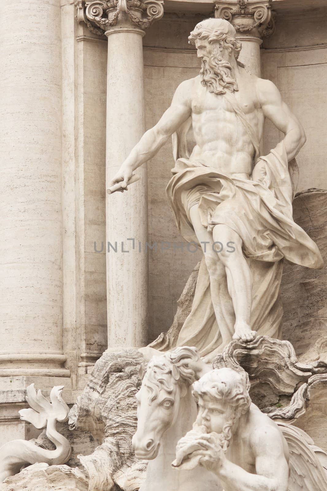 Detail of statues adorning the Trevi Fountain in Rome, Italy