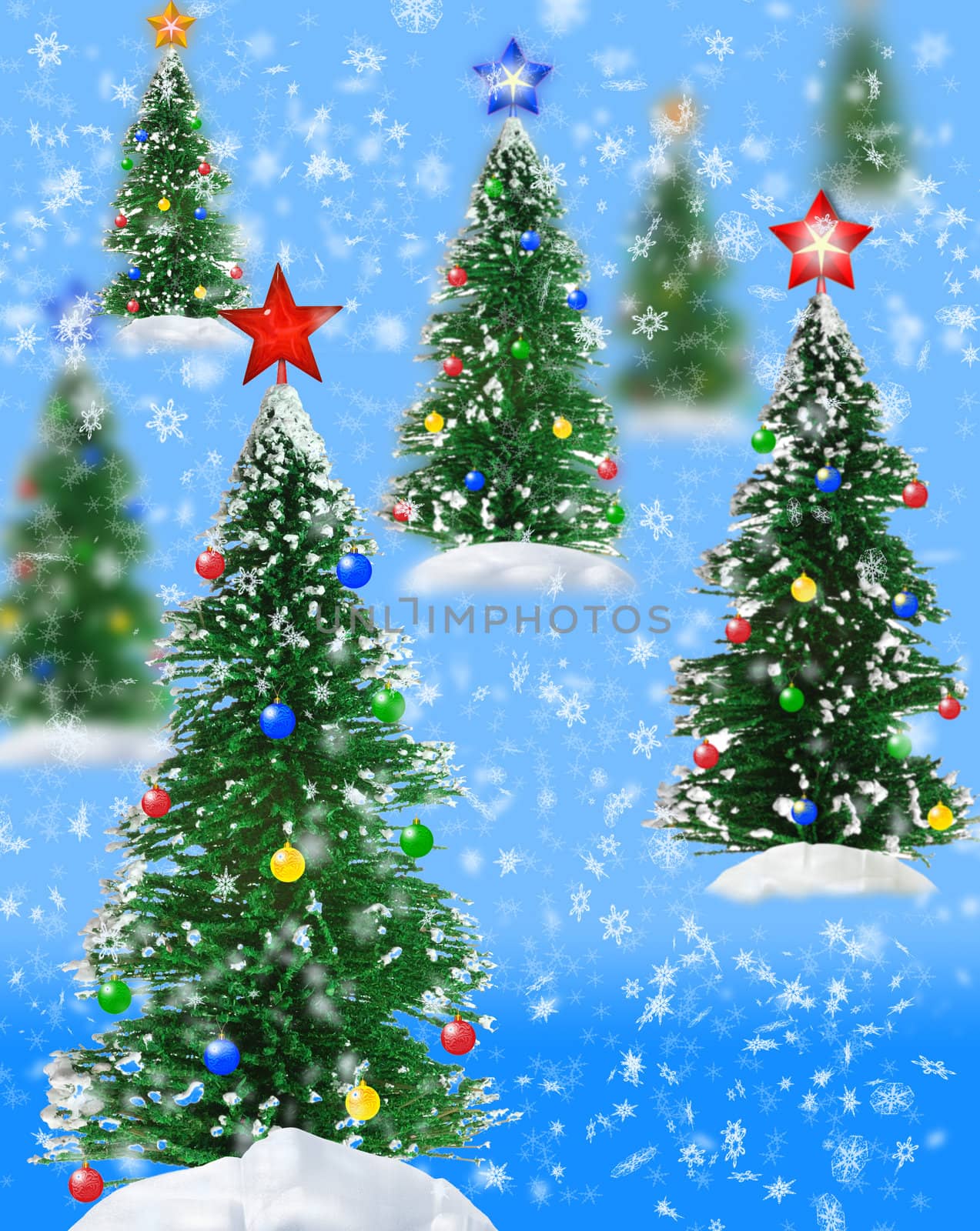 Christmas background. Fur-trees, a snow with effect of depth