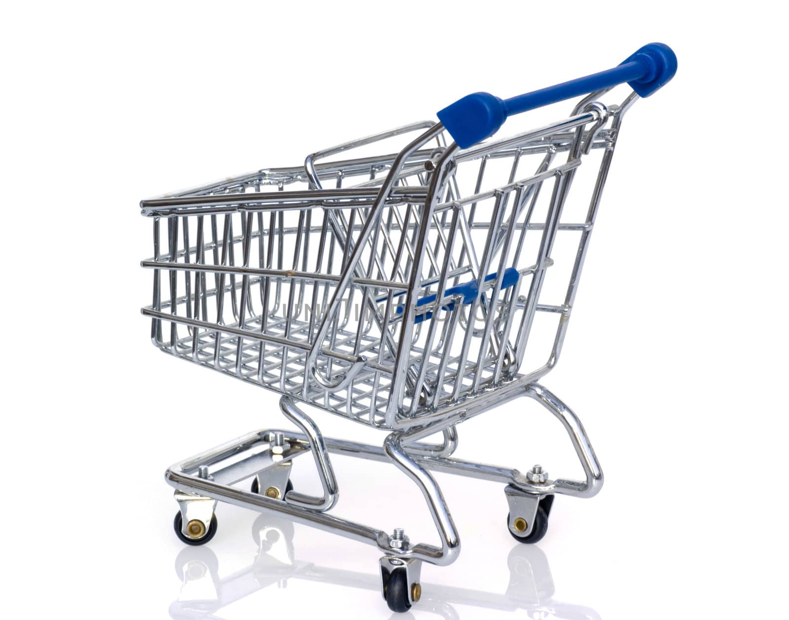 Silver with blue shopping cart isolated on white.