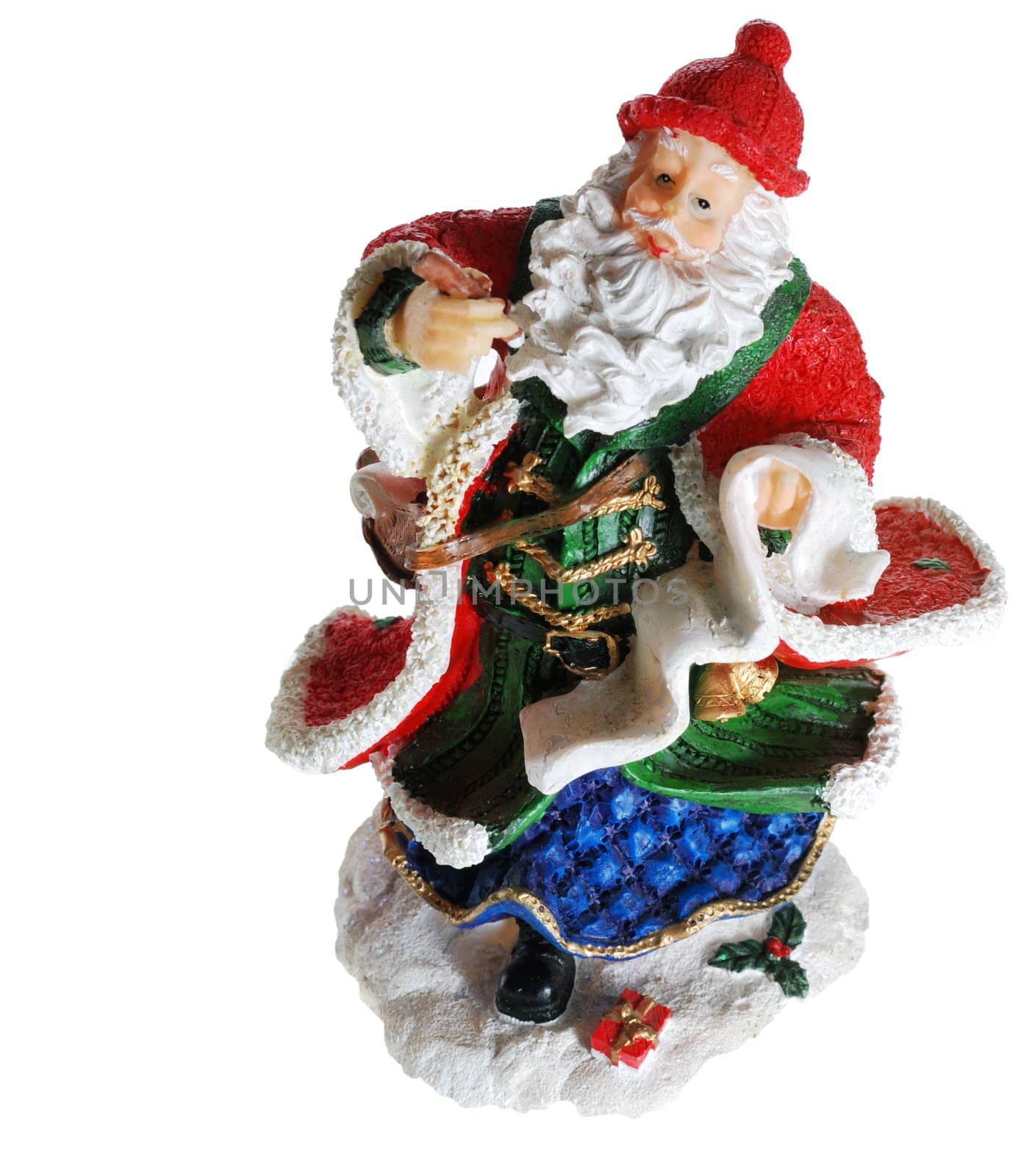 Santa Claus. A photo of a ceramic toy Santa, a writing congratulation