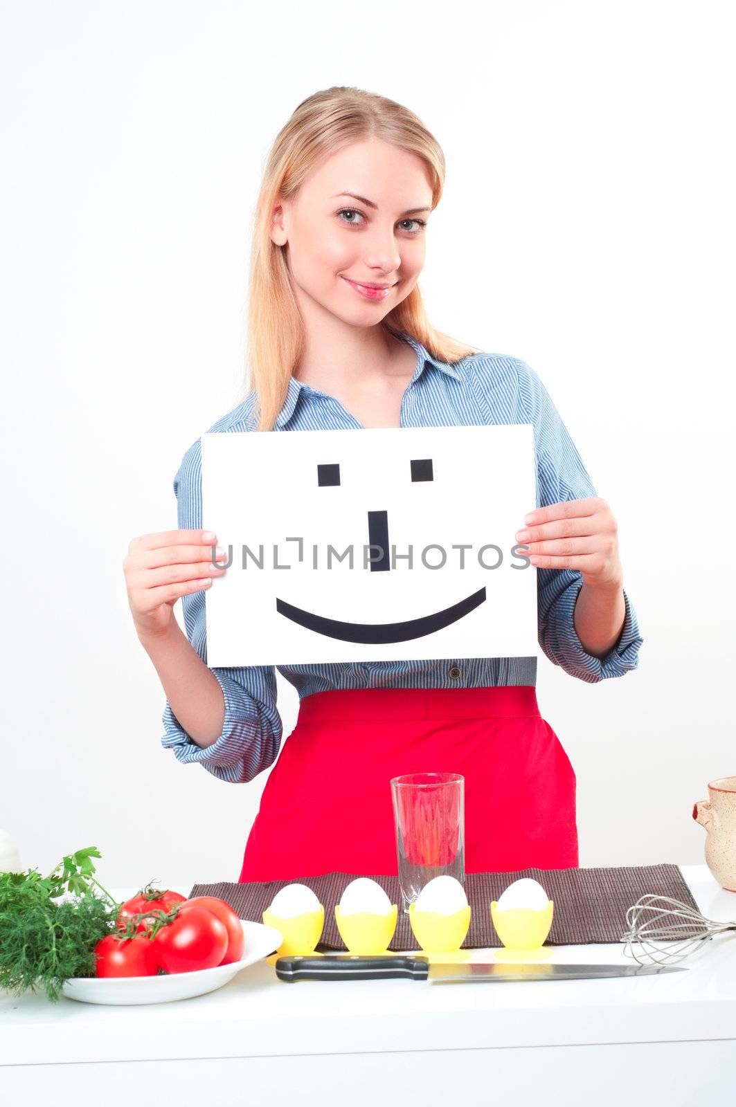 beautiful woman hold sign with smile, over white background