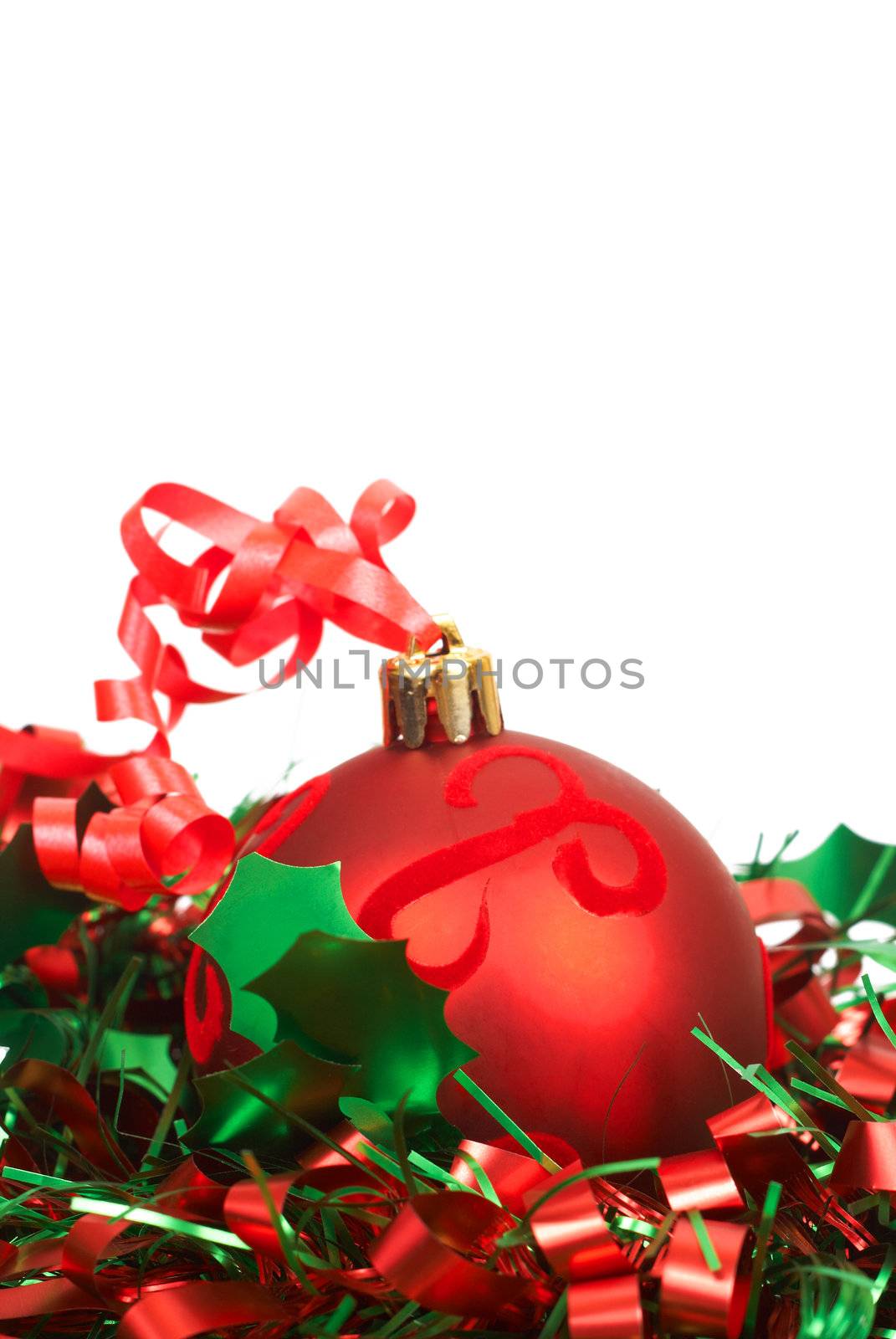 Two red Christmas baubles isolated on white background with copy space. Shallow depth of field