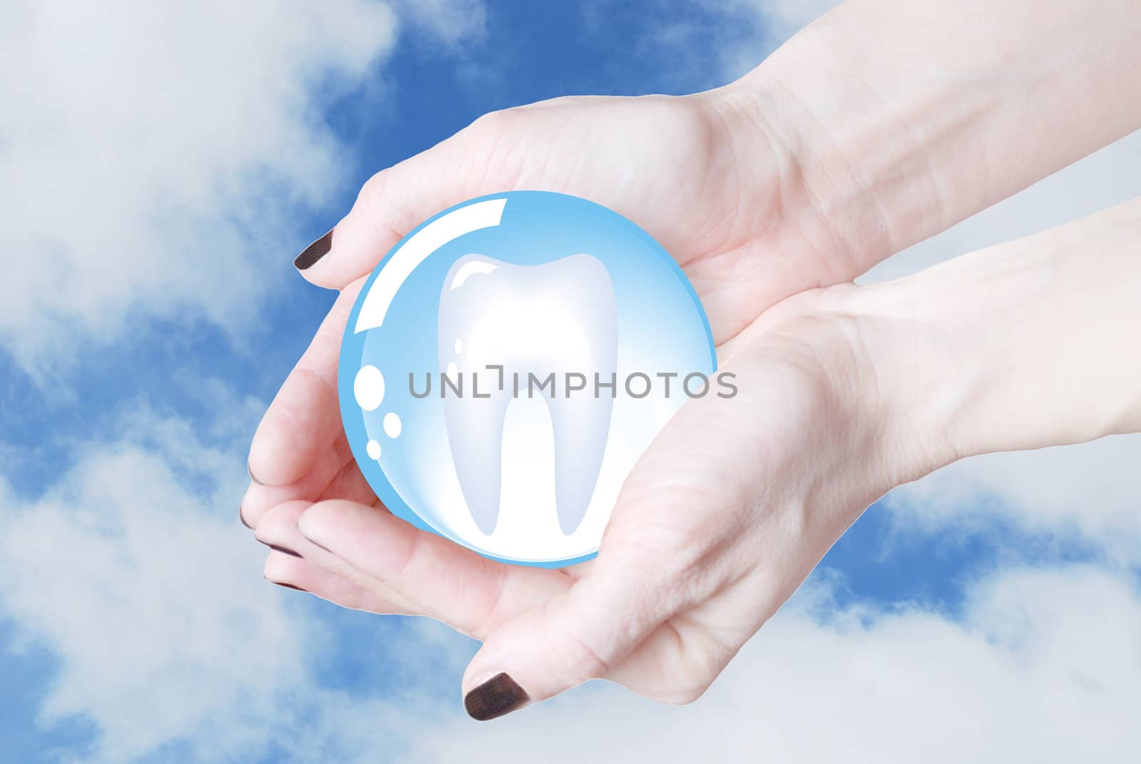 hands holding tooth in glass sphere, dentistry   by svtrotof