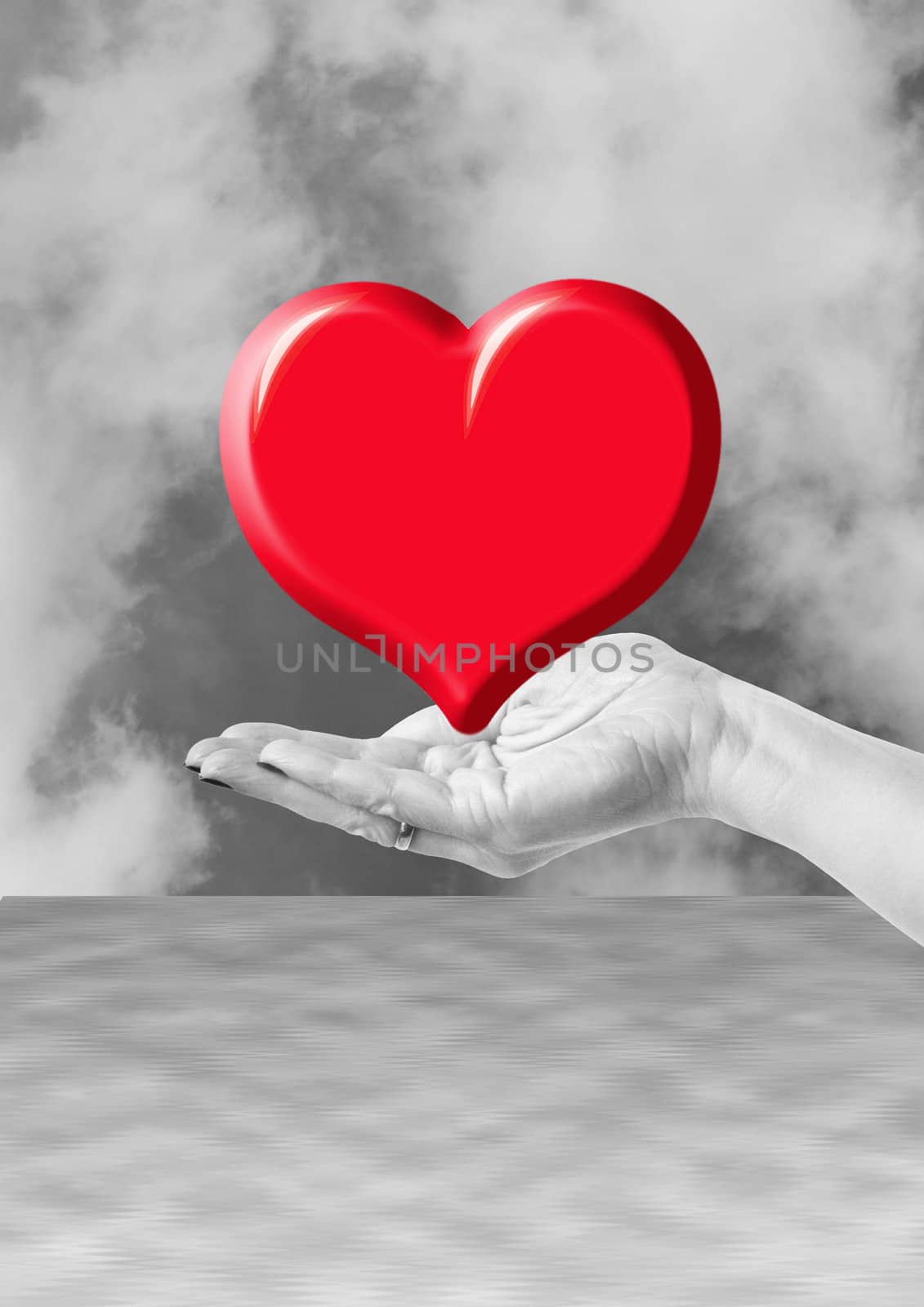 hand holding red heart, love or medical concept on black white background