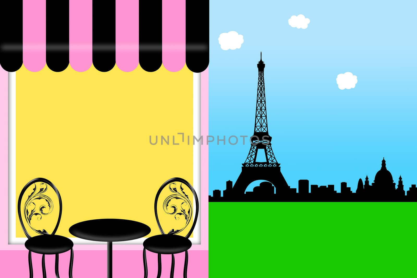 Cafe Bistro in Paris with Eiffel Tower Illustration by Davidgn