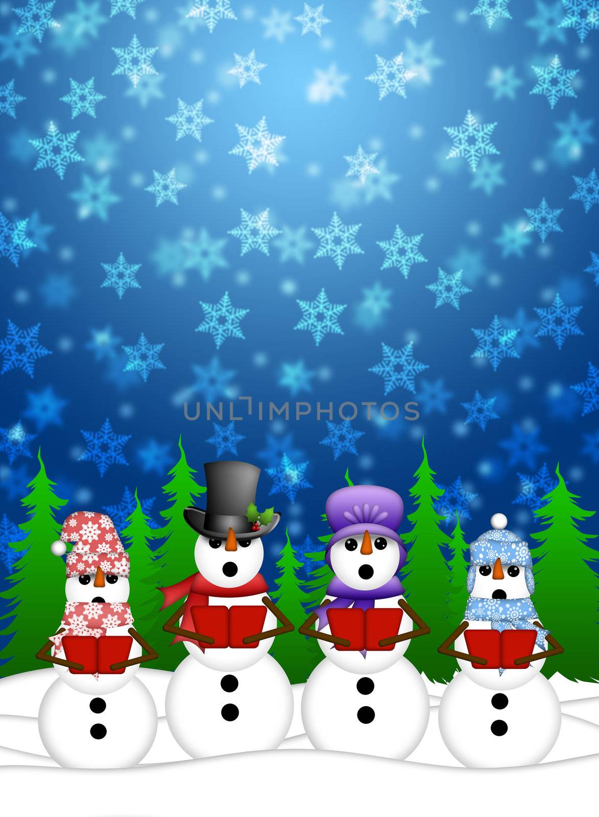 Snowman Carolers Singing with Winter Snowing Scene Illustration by Davidgn