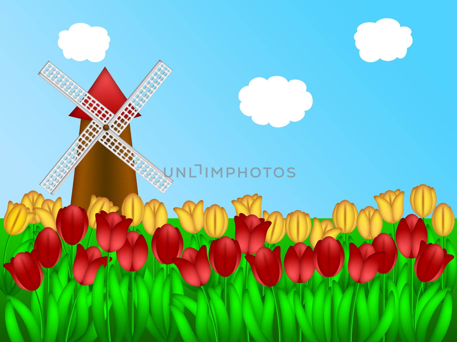 Dutch Windmill in Tulips Field Farm Illustration by jpldesigns