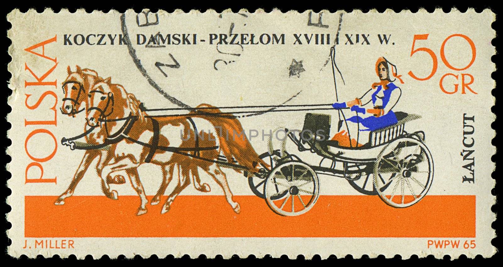 POLAND - CIRCA 1965: a stamp printed in Poland showing horses drawing carriage, circa 1965 by Zhukow
