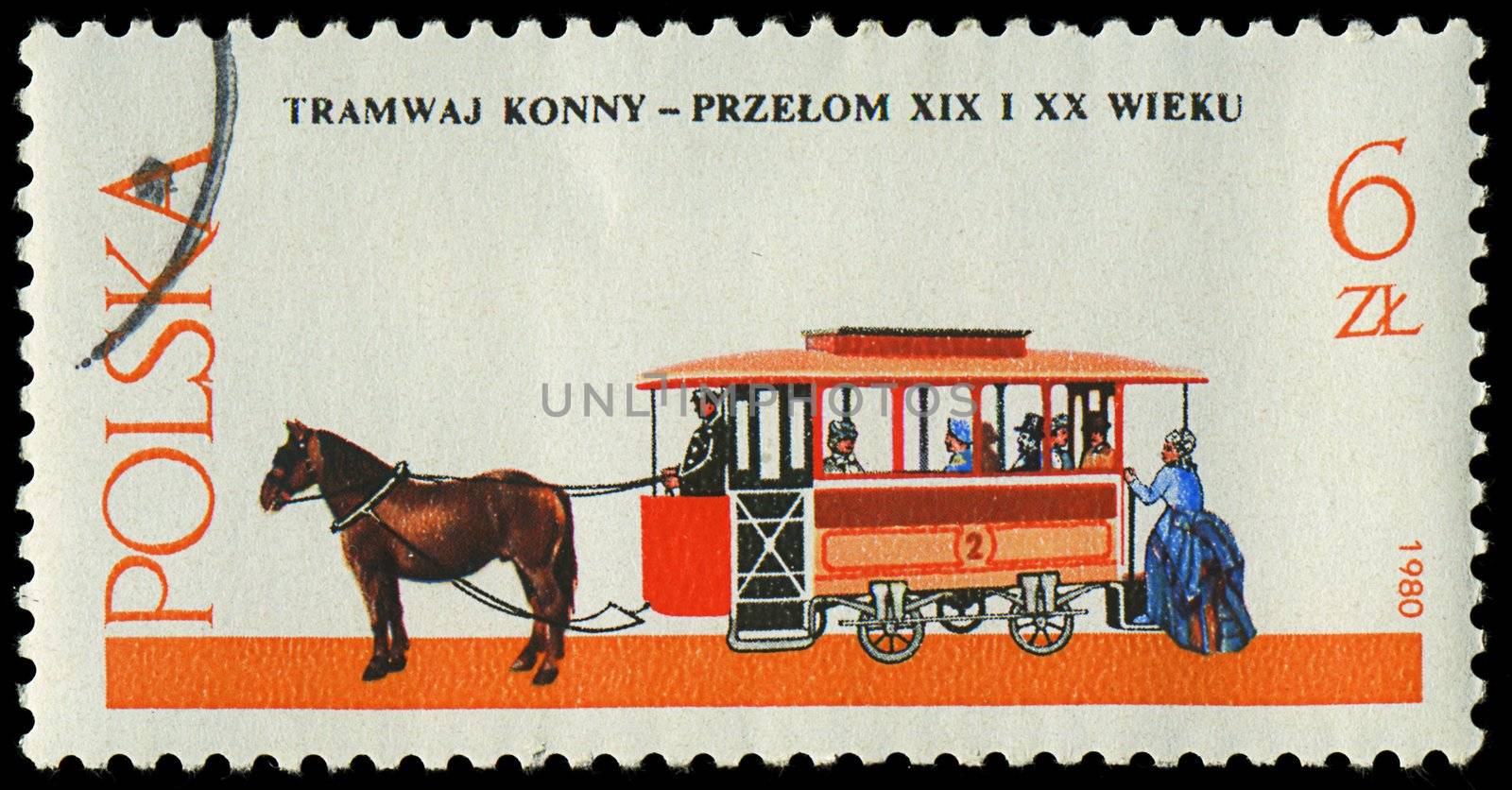 POLAND - CIRCA 1980: a stamp printed in Poland, show  antique horse tram and a coachman, circa 1980